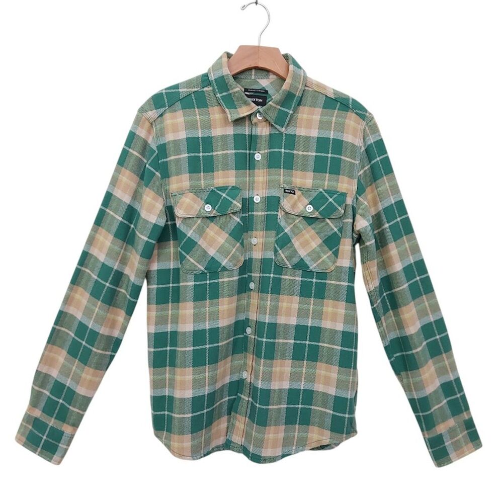 Brixton Bowery Flannel Shirt Mens Small Green Plaid Long Sleeve Skate Casual